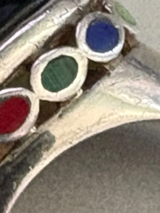 Vintage Sterling Silver Cabochon Onyx and Multi-Stone Inlay Ring. SZ 6.75 - Picture 12 of 17